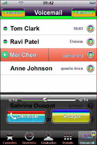 Toque em Voicemail para ver uma lista das mensagens. Mensagens não escutadas Viva-voz (Se estiver ligado um dispositivo Bluetooth, este botão é denominado Áudio.