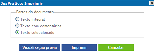 As opções de formato de envio são em Word e PDF. 2. Imprimir Todos os documentos da base de dados podem ser impressos no todo ou em parte. 2.1.