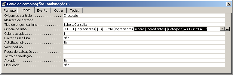 o Na página DADOS Origem da linha já indica que os dados de ID são trazidos da tabela Ingredientes. Complemente com a cláusula WHERE [Ingredientes].
