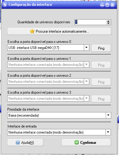 2 4 3 5 6 A janela de configuração da interface é dividida da seguinte forma: : Quantidade de universos : informe neste campo quantos universos (interfaces) o software irá controlar, o software