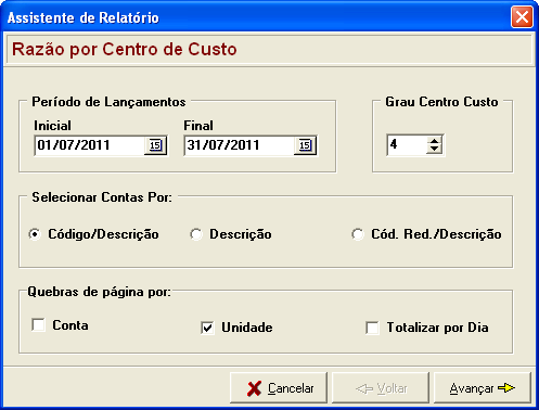 5.3. Razão por Centro de Custos CTB_RelRazaoCentroCustoSenac.dll Nessa tela é possível emitir o relatório razão por centro de custos.