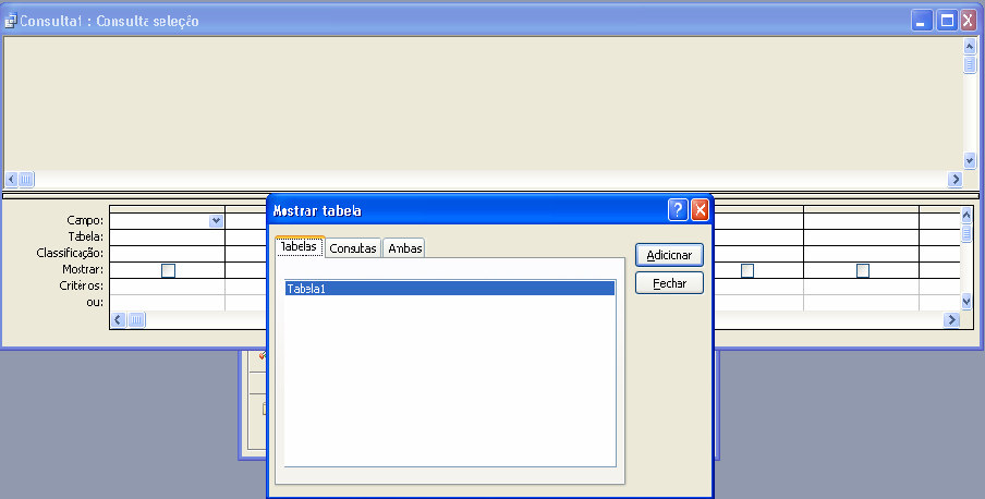 Na janela com o título provisório Consulta1, temos as tabelas que acabamos de adicionar, e com o relacionamento a mostra.