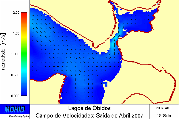 Figura 9. Campo de velocidades na Lagoa de Óbidos no pico da enchente (esquerda) no pico da vazante (direita) no dia da saída de campo. Figura 10.