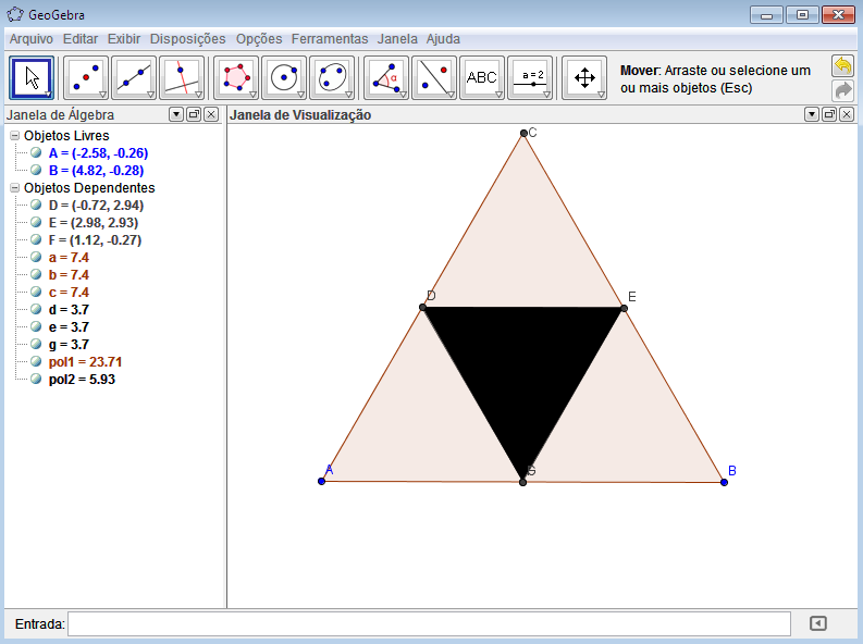 Figura 19 Identificação dos pontos médios dos lados do triângulo. Fonte: Interface do Geogebra com atividade produzida pela autora.