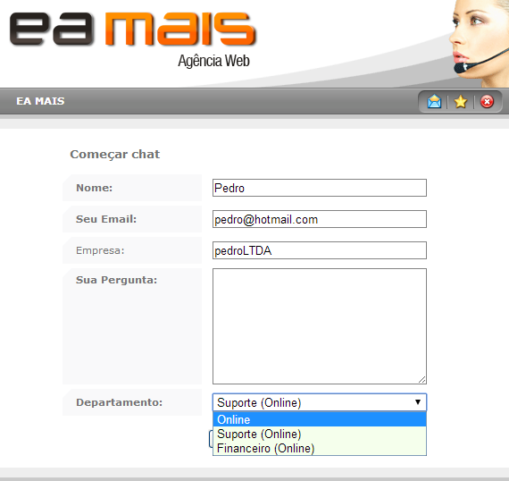 28 Imagem 26: Tela de Contato Online Nesta etapa, o usuário fornecerá alguns dados utilizados pelos atendentes online, e escolherá o Departamento