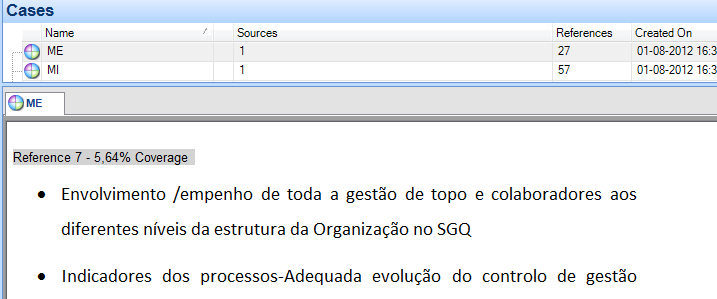 Figura 7 - Representativa da percentagem de cobertura para as motivações externas Do exemplo exposto na Figura 7, verifica-se que foi codificado cerca de 6% da totalidade do documento e a Figura 7