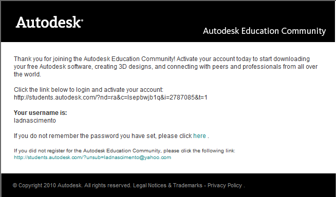 Abrir email para confirmação do registro Abrir email da Autodesk Education