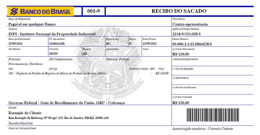 36 Abaixo se encontra um exemplo de uma Guia de Recolhimento da União (GRU), no qual foi dado destaque ao campo Nosso número, que possibilitará o acesso ao formulário eletrônico.