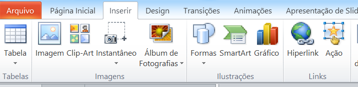 Hiperlinks: Insere um hiperlink para um arquivo, página, ou mesmo slide da apresentação.