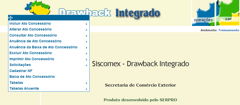 1. Como criar um Ato Concessório Suspensão Integrado Surgirá uma tela para se optar entre os Sistemas em Produção e Sistemas para Treinamento.