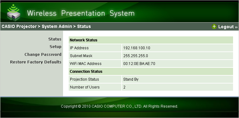 4. Clique no botão [Login]. Isso inicia uma sessão na página System Admin e exibe a tela Status.