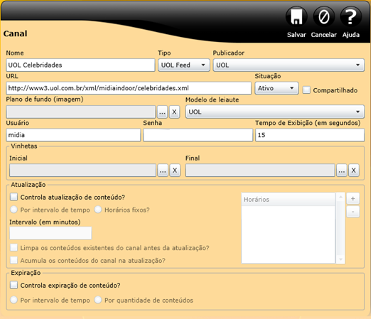 Parametrização de Canais Define o modo de visualização de cada canal; Pode definir um layout padrão; Conta