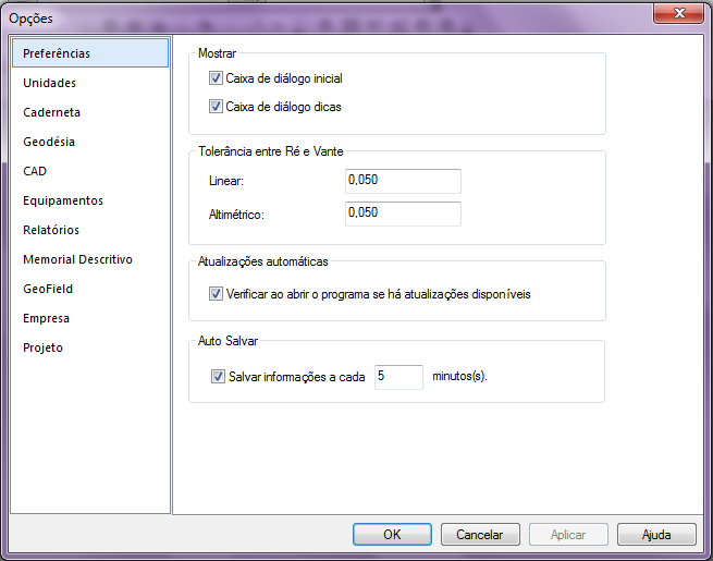 10 DataGeosis 3. Configurações gerais Antes de introduzir dados, é necessário definir as configurações gerais do projeto: unidades de medidas, cadastros de equipamentos, configurações do CAD, etc.