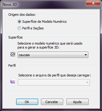 Será solicitado o nome para o novo modelo 3D. Depois a seguinte janela aparecerá: Os dados podem ser de uma superfície de modelo numérico ou de perfil e seções.