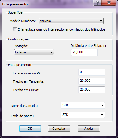 Desenho da poligonal 73 Nessa janela, seleciona-se a superfície que será considerada para a geração do perfil, define-se a distância entre as estacas e a notação para a nomenclatura das estacas que