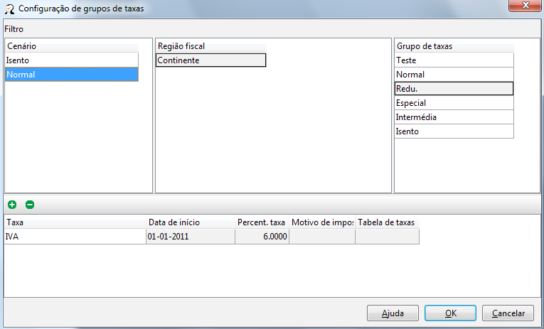 110 6.5.5. Configuração de taxas Para aceder a esta janela deve abrir o menu Tabela...Config. Taxas... Configuração de taxas. Nesta janela o utilizador pode configurar e visualizar o comportamento das taxas nos grupos de taxas de cada região fiscal para cada cenário.