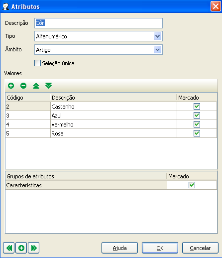 48 6.1.5. Atributos Para aceder a esta janela deve abrir o menu Tabela... Atributos. Na janela de visualização dos atributos encontram-se as linhas de detalhe com as fichas de todos os atributos existentes na base de dados do PingWin BO.