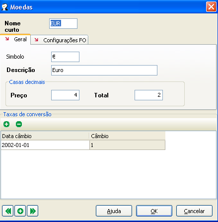 76 6.1.12. Moeda Para aceder a esta janela deve abrir o menu Tabela... Moeda. Na janela de visualização das moedas encontram-se as linhas de detalhe com as fichas de todos as moedas existentes na base de dados do PingWin BO.