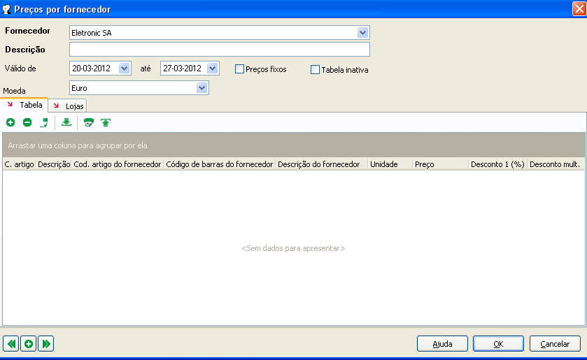 83 6.1.16. Preços dos fornecedores Para aceder a esta janela deve abrir o menu Tabela... Preços por fornecedor.