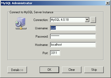 Caixa de Diálogo de Conexão Alternativamente, você pode executar o MySQL Administrator no modo configure-service.