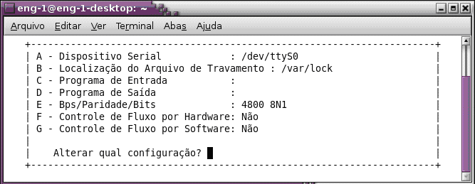 7.4 Então será exibida a tela de configuração do Minicom: 7.5 Selecione a opção Configuração da porta serial 7.