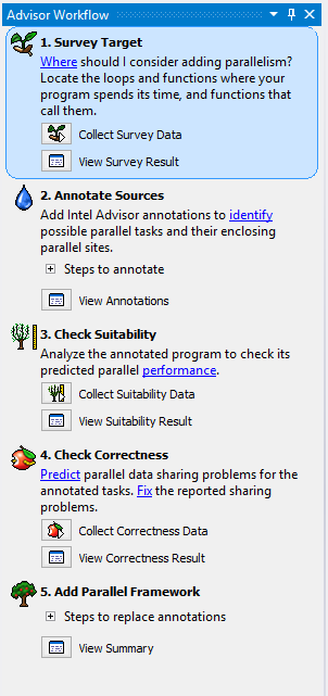 Identificando oportunidades de Paralelismo Multithreads Intel Advisor XE Passos para utilizar o Intel Advisor Advisor Workflow Survey Target: analisa o código em busca de oportunidades de paralelismo