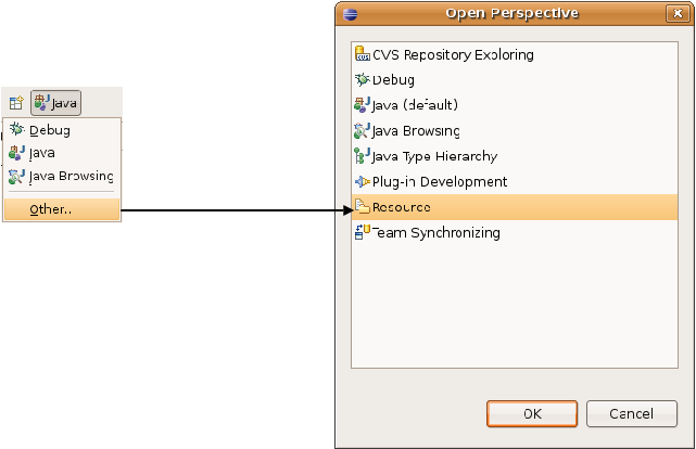 Mude para a perspectiva Resource, clicando no ícone ao lado da perspectiva Java, selecionando Other e depois Resource.