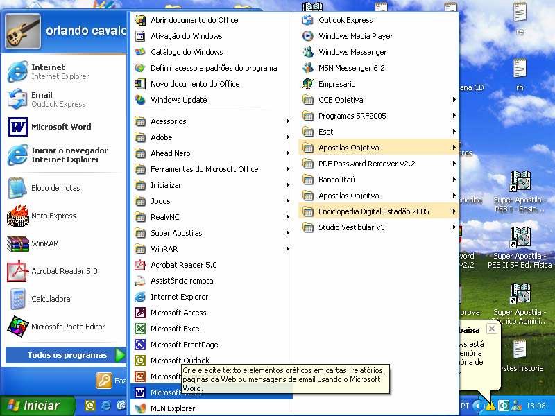 Observação: as informações no menu Iniciar podem variar conforme o Windows é apresentado em cada computador. 3. Logo após, dê um clique sobre o item Microsoft Word para inicializar o programa. 4.