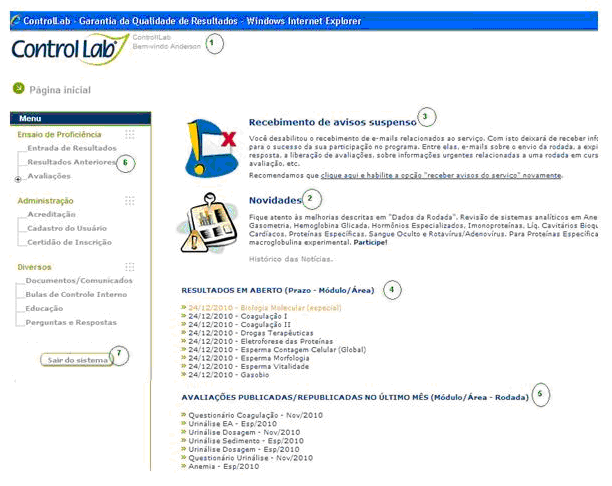 Página Inicial Na página inicial existe: 1. No canto superior, identificação do laboratório e usuário; 2. Novidades da rodada: informa todas as melhorias e inovações do programa.