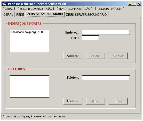 Zeus Server Primário. Nesta Aba de Configuração, iremos configurar o Endereço IP e a Porta do computador onde esta instalado o Software Zeus Server.