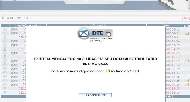 intimações e demais atos enviados através do DT-e. 9) Ao acessar o DT-e, e havendo mensagens ou intimações enviadas, será mostrado uma tela, conforme modelo abaixo.