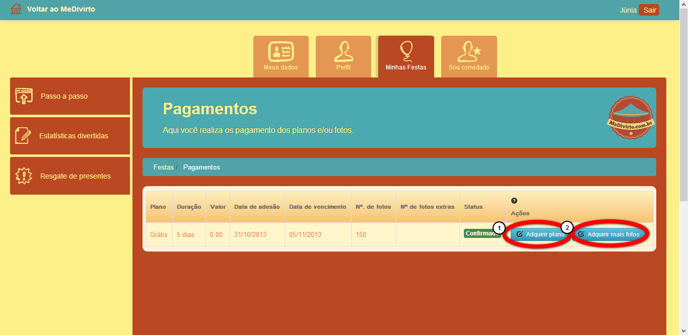 Para realizar o pagamento de plano (1) ou fotos (2), clique nos respectivos botões da festa selecionada: 7.1 Pagamento de plano Será exibida uma tabela com as informações (1) de pagamento dos planos.