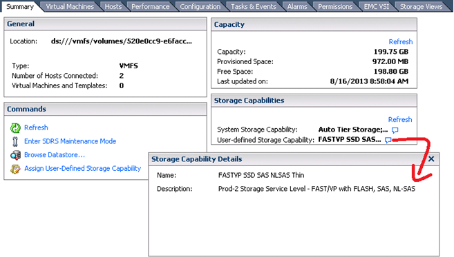 Implementação da Solução No vsphere Client, você pode visualizar os recursos de armazenamento definidos pelo sistema e pelo usuário para cada membro deste cluster de armazenamento, conforme mostrado