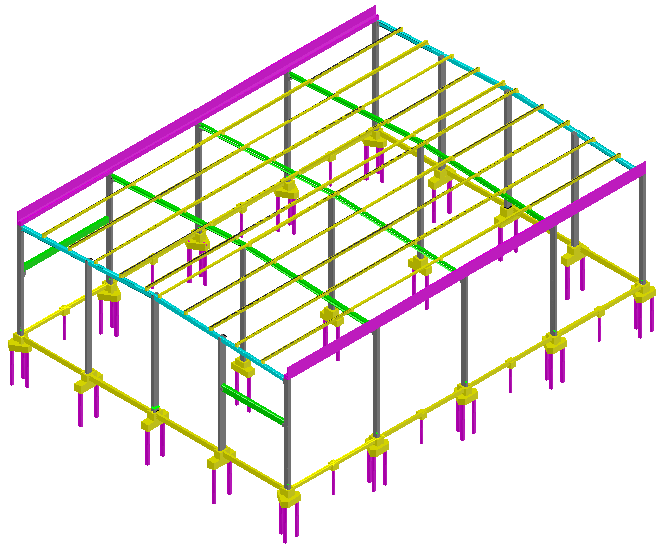 58 Figura 35: Galpão estudado no exemplo em 3D A planta e os cortes da estrutura podem ser vistos no Apêndice A. O eixo 3 é o analisado e dimensionado e pode ser visto também no Apêndice A.