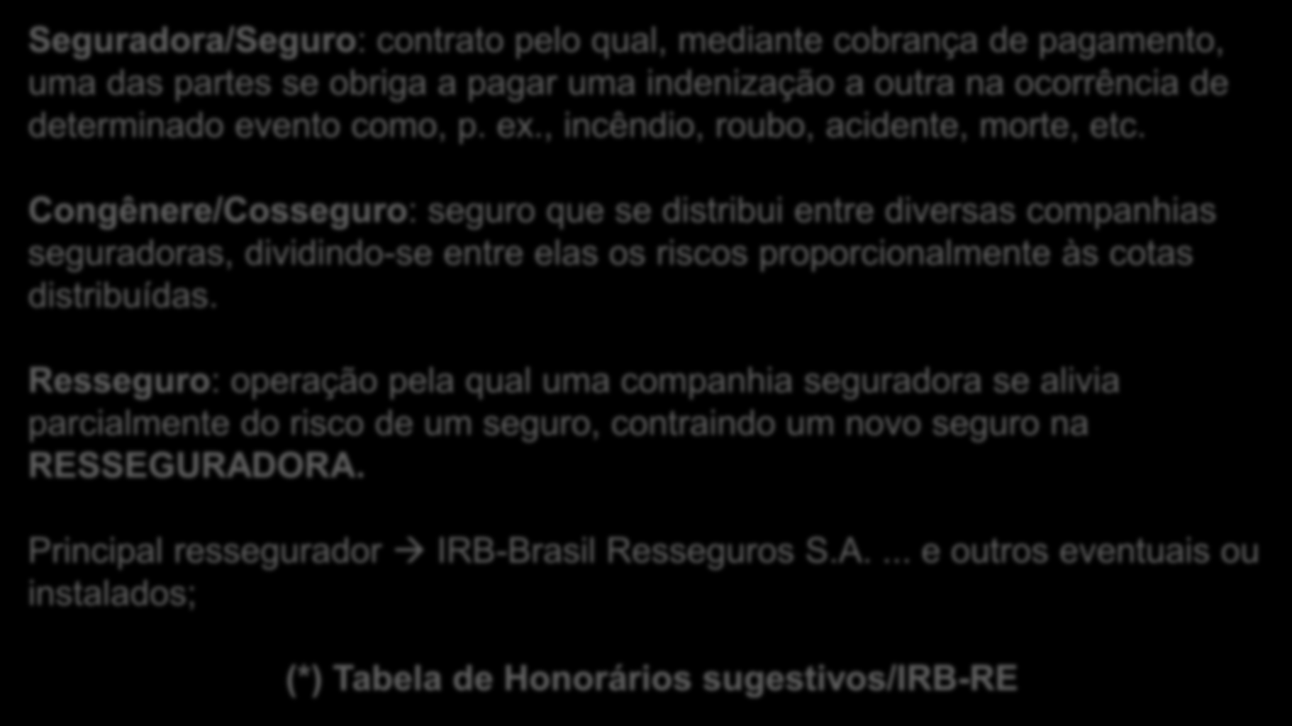 Seguradora/Seguro: contrato pelo qual, mediante cobrança de pagamento, uma das partes se obriga a pagar uma indenização a outra na ocorrência de determinado evento como, p. ex.