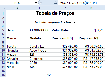 Clique em OK e verá o resultado. Caso queira contar apenas as células que contêm números, use a função CONT.NÚM.