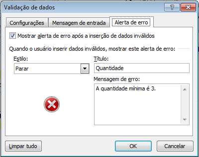 Na guia Configurações, da caixa de Validação de Dados, em Critério de validação, preencha os campos conforme mencionado abaixo.