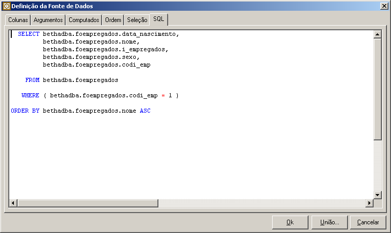 guia SQL da janela de Definição da Fonte de Dados e observar que para cada ação nossa foi gerada uma instrução em SQL. Veja a figura a seguir.