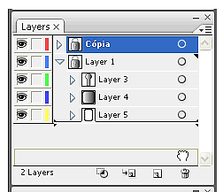 Cada camada no painel Layers possui dois ícones que definem a visibilidade ou não da camada ou seu bloqueio para edição dos objetos contidos na mesma.