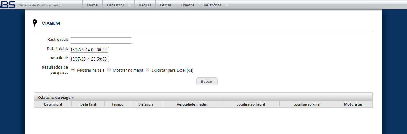 A tela a seguir será apresentada: 3 4 ( ) Local para o identificador do veículo. Ex: Placa. ( ) Escolha a data em que deseja visualizar os eventos. OBS: De 3 em 3 dias até 6 meses.