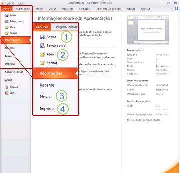 A guia Arquivo APUFSC-SINDICAL Apostila de PowerPoint 2010 A guia Arquivo é o local onde é possível criar um novo arquivo, abrir ou salvar um existente e imprimir sua apresentação.