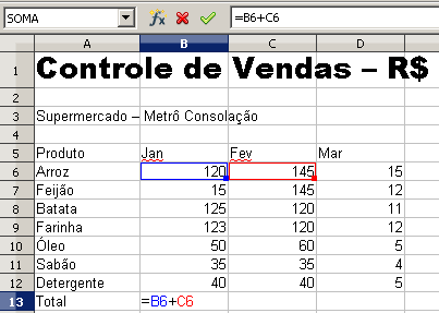 Adição (+) O símbolo deste operador é (+) =B6+C6. É possível também fazer operações de soma utilizando várias células, através do recurso de AutoSoma. O botão AutoSoma é caracterizado pelo símbolo.