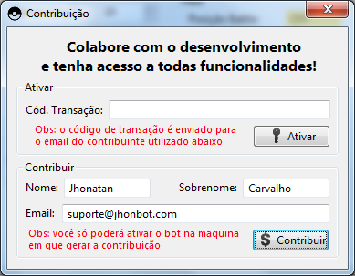 E o bot começara a executar as funções configuradas. CONTRIBUINDO E LIBERANDO FUNÇÕES Toda contribuição é feita diretamente pelo bot e atualmente custa apenas 5 R$.