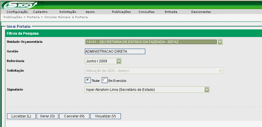 3. Escolher o Signatário; Em seguida, voltar para publicação da Portaria e escolher o novo signatário a partir do envio do ato