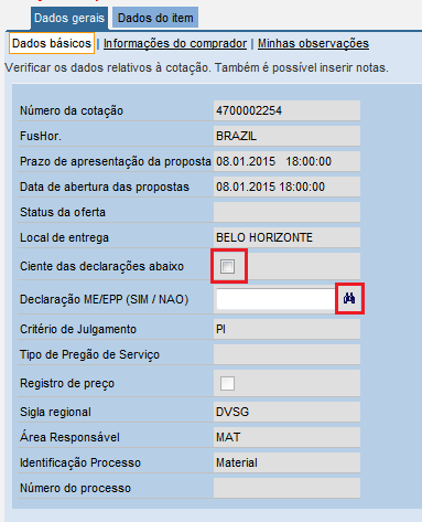 1.1 Registrar Propostas/Lances PI 1.1.3 Processar cotação Clicar em Ciente das declarações abaixo.