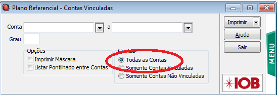 3) Após a vinculação, a partir do momento em que nenhuma conta esteja sendo listada no relatório quando marcada a opção anterior, liste novamente o relatório, marcando agora a opção Todas as contas.