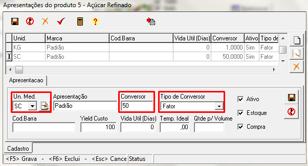 Faça o mesmo com o produto Pastel Assado de Palmito. Os cadastros devem ficar conforme figuras a baixo: Também vamos utilizar alguns conversores para a matéria-prima.