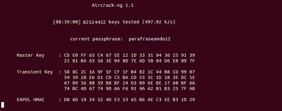 Figura 8 - Ataque sem sucesso de senha forte Como pode ser visto neste cenário, o ataque de força bruta realizado com o aplicativo Aircrack-ng testou mais de oitenta