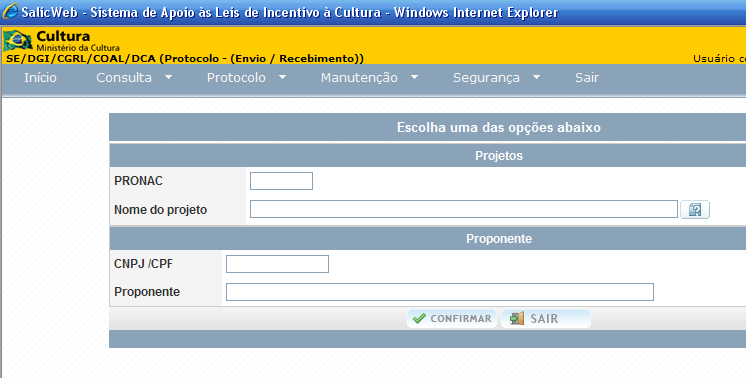 6. PESQUISANDO PROJETOS NO SALICWEB - A pesquisa de PROJETOS pode ser feita de diversas formas, na guia Consulta Projeto conforme a imagem abaixo: A janela