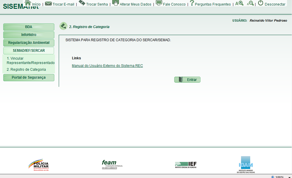 5. REGISTRO DE CATEGORIA Na tela inicial do Sisemanet, o usuário deverá clicar em Registro de Categoria em seguida clicar no botão Entrar, para assim obter o acesso ao Sistema de Registro de